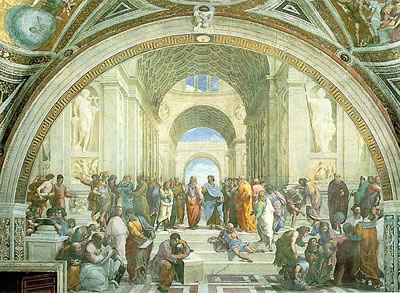 "De School vun Athen", en Fantasie-Tosamenkumst vun alle m&ouml;&ouml;glichen Philosophen un Paulus, maalt vun Raffael