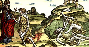 Lübecker Bibel vun 1494: Kain sleit Abel doot