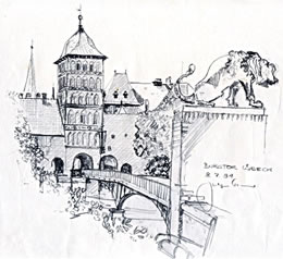 Borgdoorbr&uuml;&uuml;ch. Teknen vun Jutta Bredow. Klick op to'n Vergr&ouml;ttern!