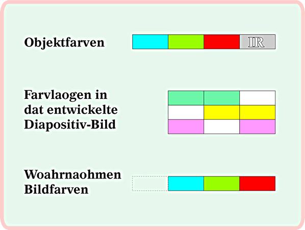 Afbild 4: W&auml;gen dei utfallen Farve Blaw is up dei b&auml;&ouml;verste Fimlaoge nu dei Gel&auml;genheit f&ouml;r dat IR-Sensibiliseern. So k&auml;&ouml;nt dei woahrnaomen Farven, einfach seggt, verschaoben wern. Dat giff dann nat&uuml;&uuml;rlik Falschkfarvenbiller. Dei hebbt aover uk ehre eigen, s&uuml;nnerboare &Auml;sthethik.  Se k&ouml;&ouml;nt dat Bild d&ouml;r Klick vergr&ouml;ttern! Tr&uuml;gge kaomt Sei wer mit den "Zur&uuml;ck"-Knoop up dei Symbollieste